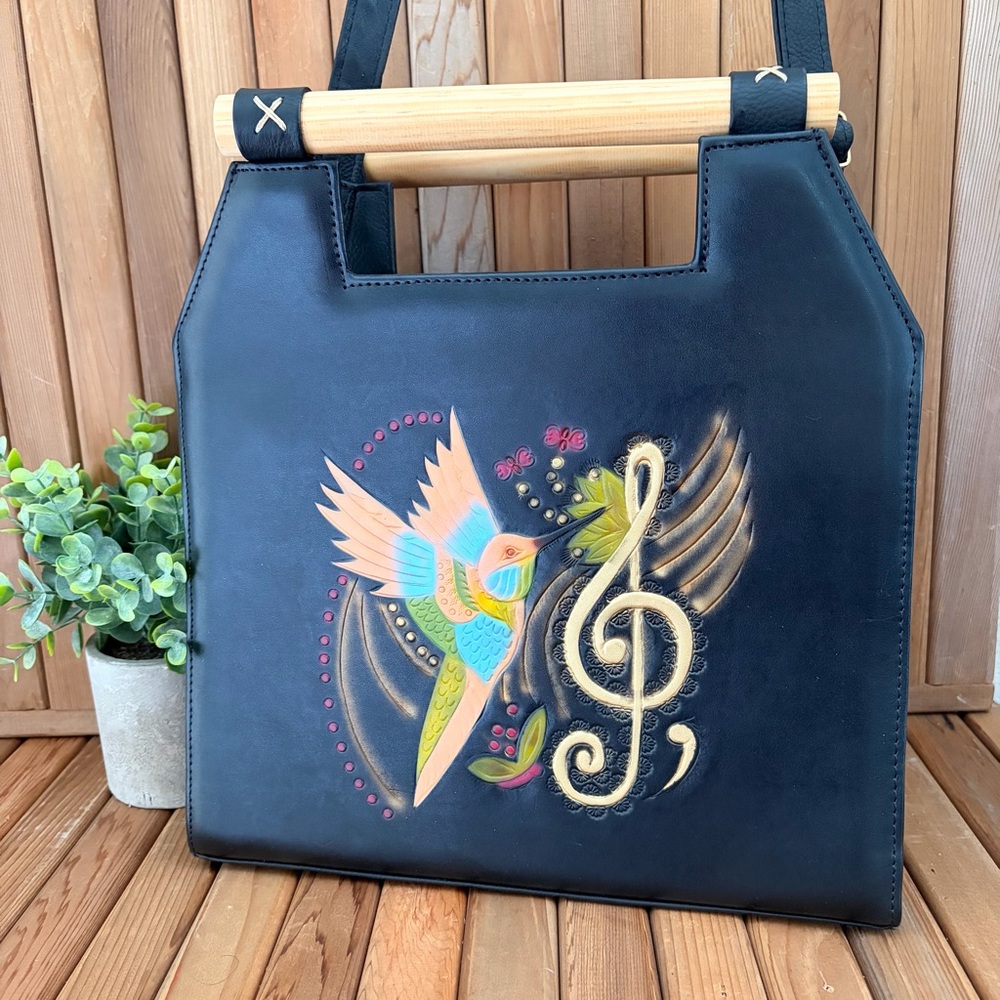 Hand painted Black Leather Hummingbird Music Tote Wood Handles Artisan Crossbody